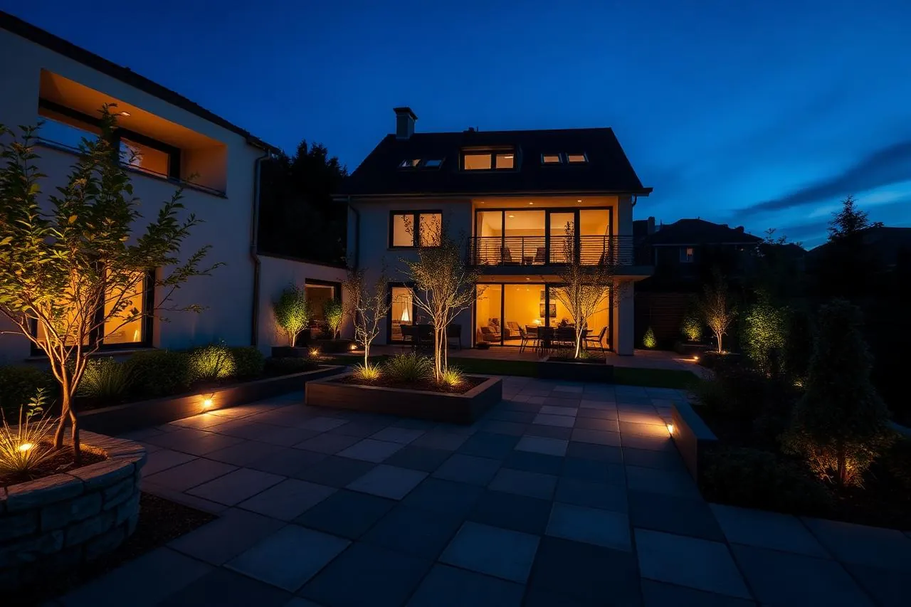 Moderner Schweizer Hausgarten mit Natursteinbelag in der Abenddämmerung
